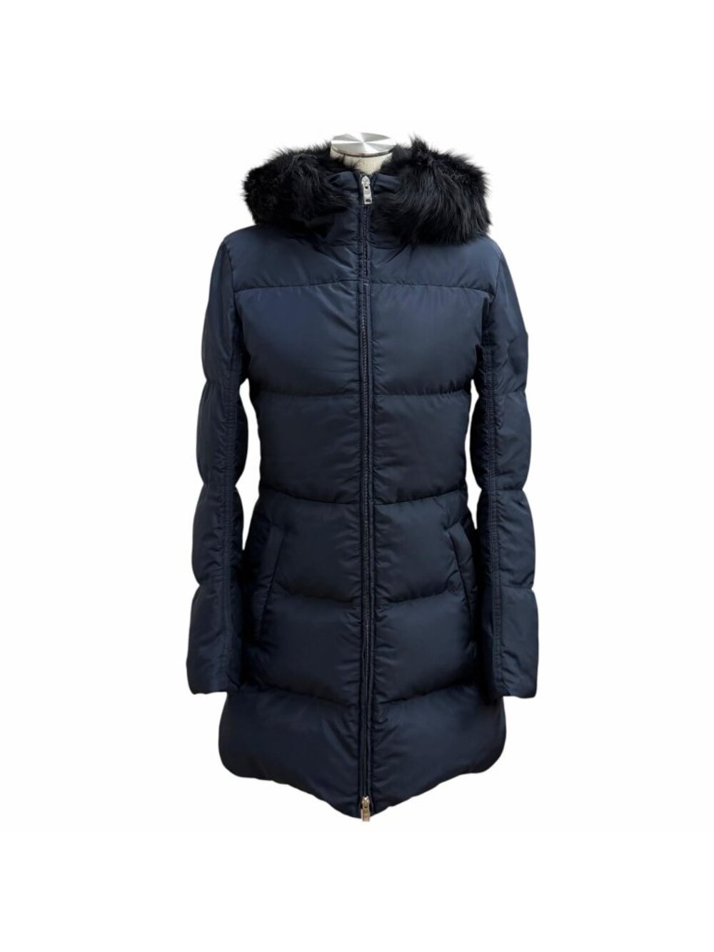 Prada Triangle Logo Sheepskin Fur Zip UP Down Coat Navy 36 Jacket
